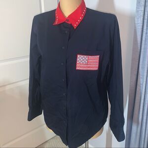 Karen Scott Sport Patriotic USA Long Sleeve Button Down Shirt